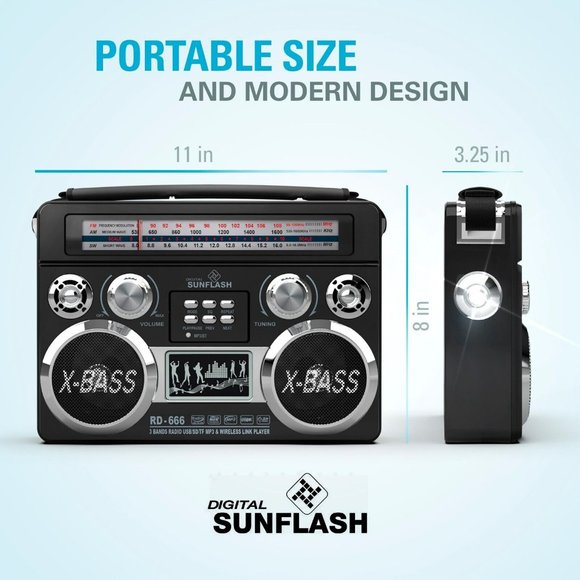 Black Portable Retro AM/FM/SW 3-Band Radio With Bluetooth & Flash Light Boombox - Picture 4 of 7